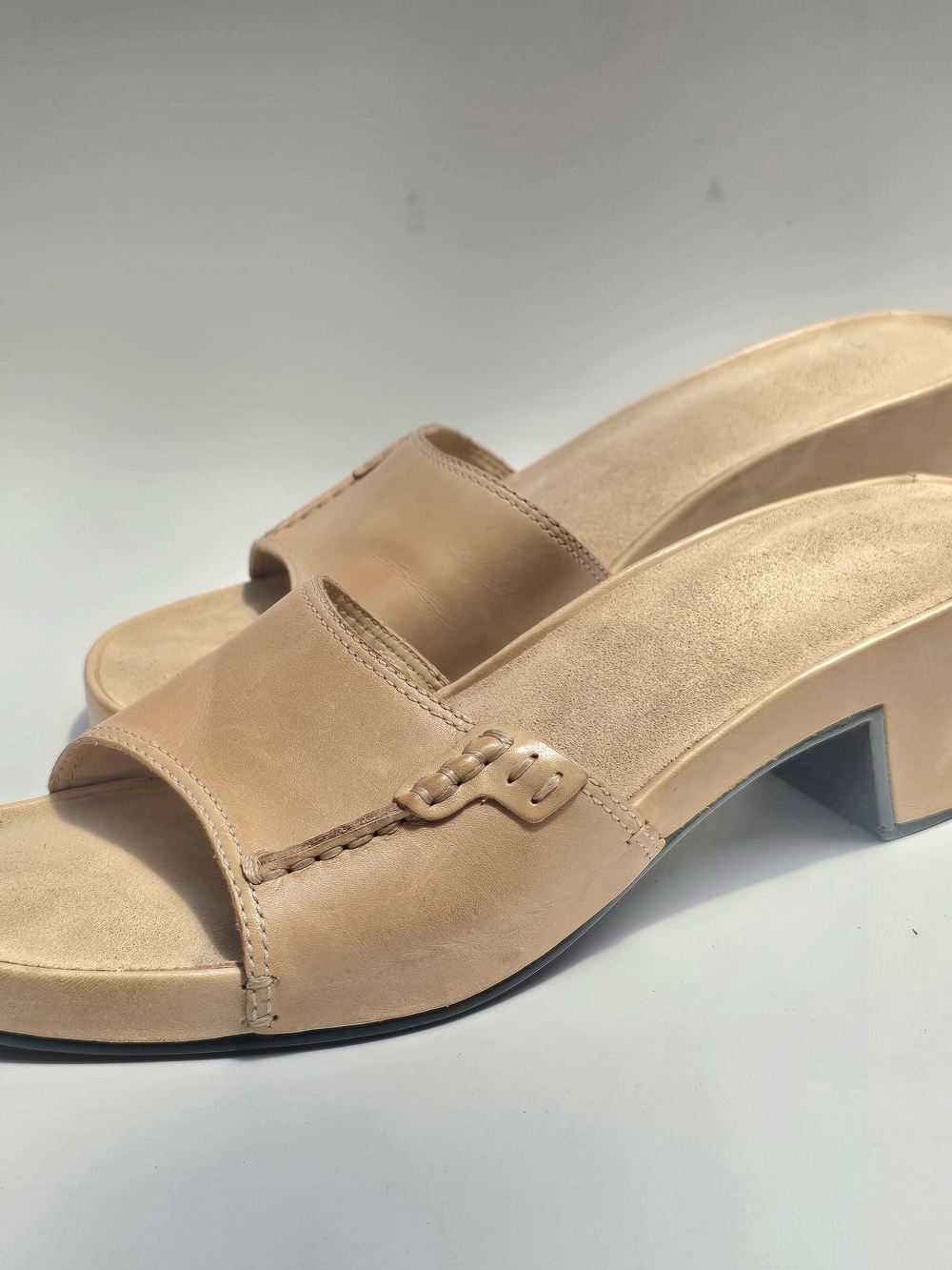 White Mountain Juliana Leather Slide Sandals Tan Block Heel Women's Size 9M